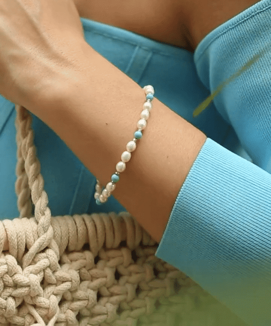 Turquoise and pearl silver bead eternity bracelet