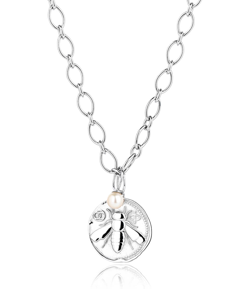 Honey bee silver coin charm necklace, large coin