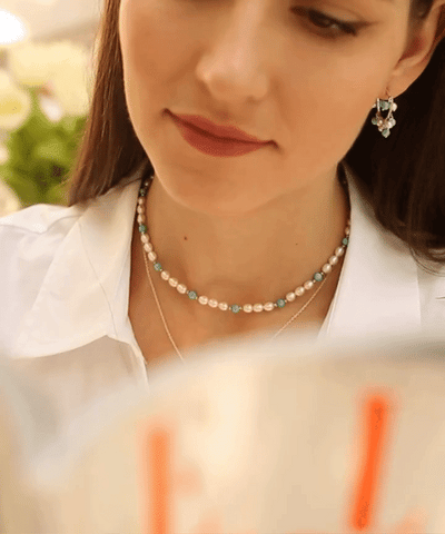 Turquoise and pearl silver bead eternity choker