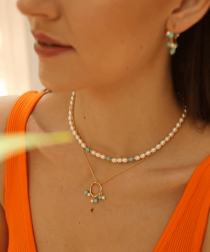 Turquoise and Pearl Gold 3 Beads Choker Claudia Bradby