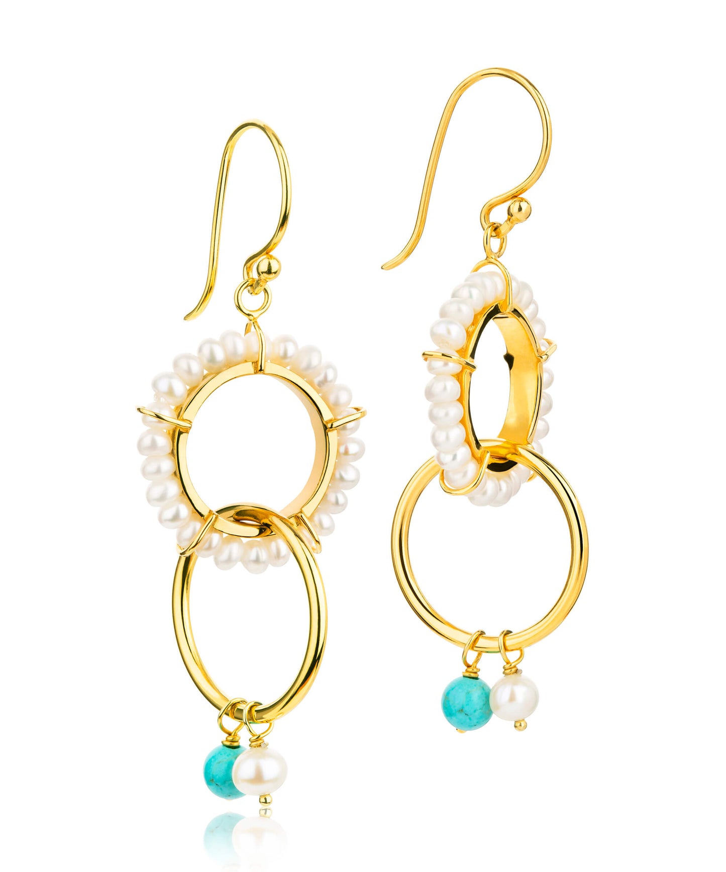 Turquoise and pearl boho double gold hoops