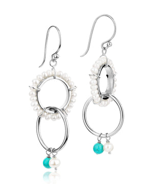 Turquoise and pearl boho double silver hoops