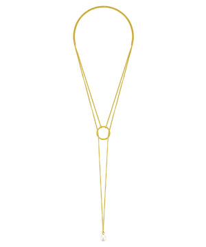 Gold Cirque lariat with white pearl necklace