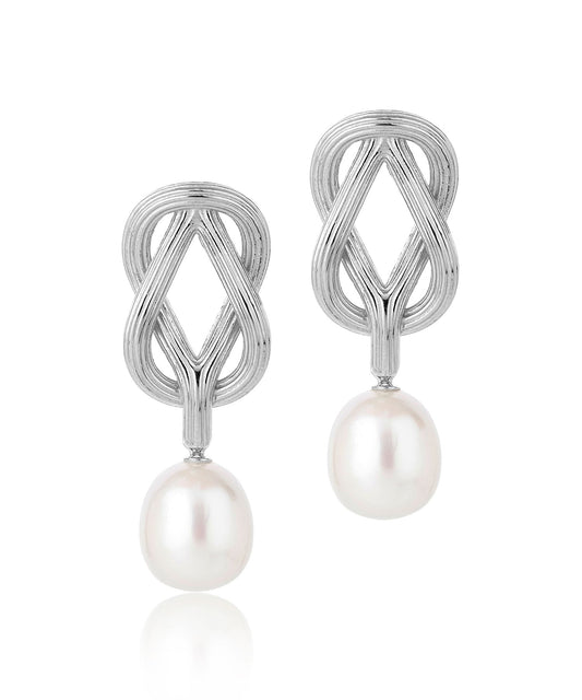 Love knot pearl drop earrings, silver