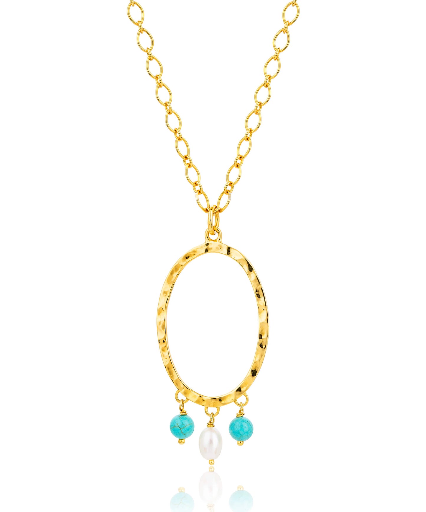 Turquoise and pearl gold oval hoop necklace