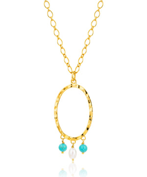 Turquoise and pearl gold oval hoop necklace