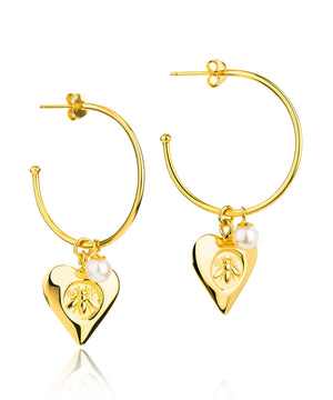 Signature heart with stamped bee gold boho hoops