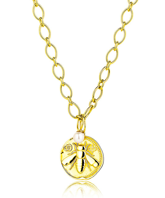 Honey bee gold coin charm necklace, large coin