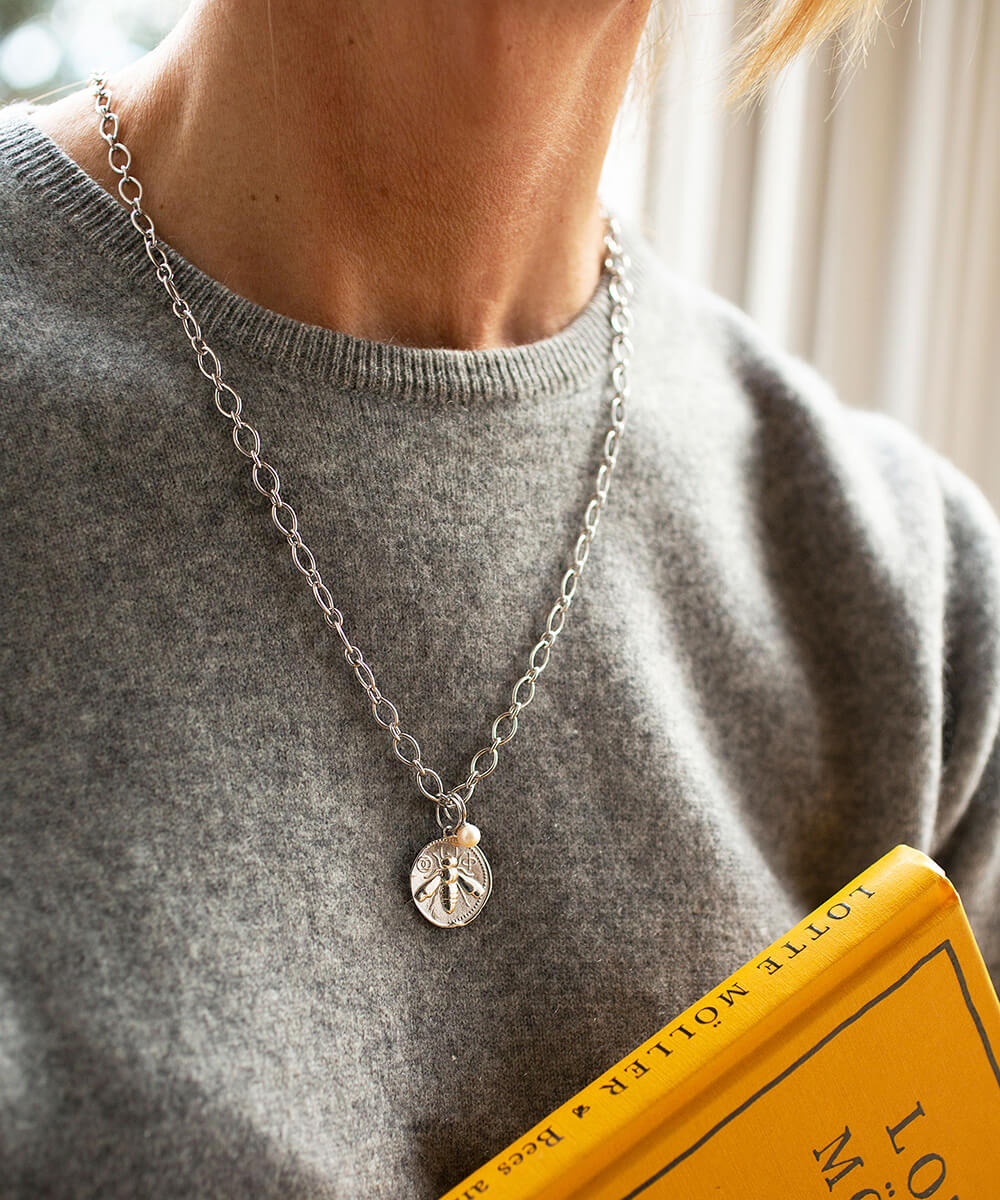 Honey bee silver coin charm necklace, large coin