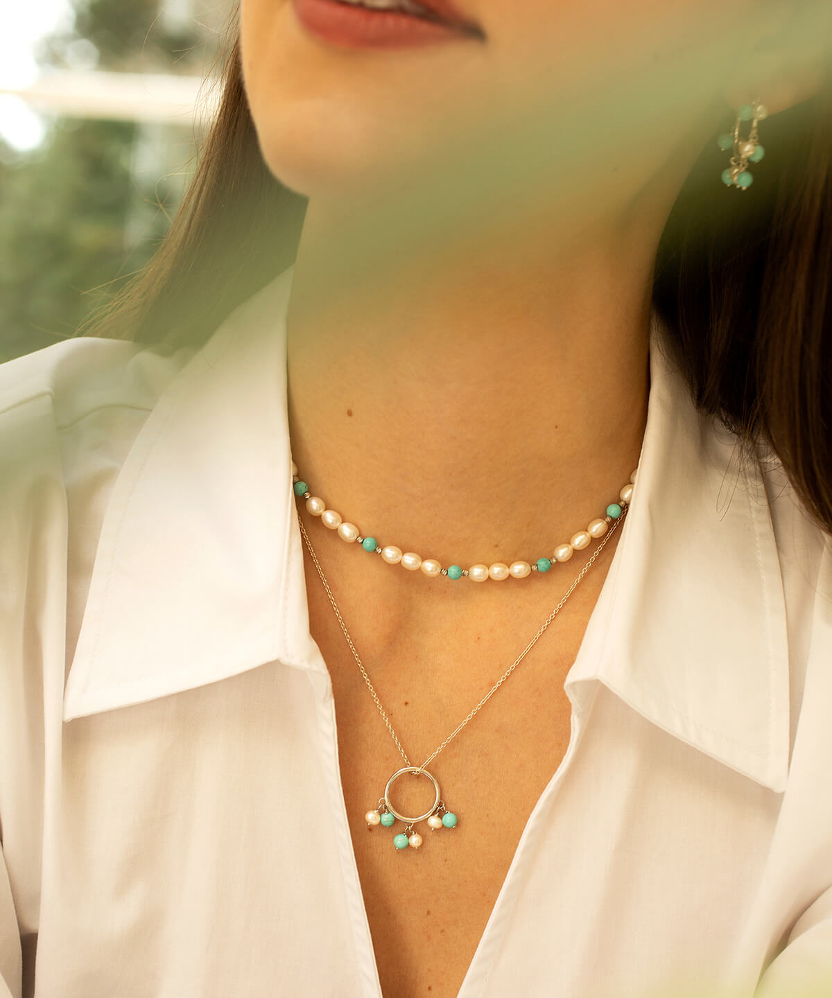 Turquoise and pearl silver bead eternity choker