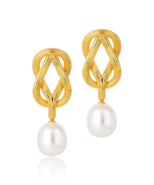 Love knot pearl drop earrings, gold