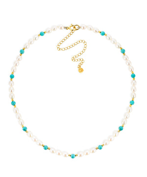 Turquoise and pearl gold bead eternity choker