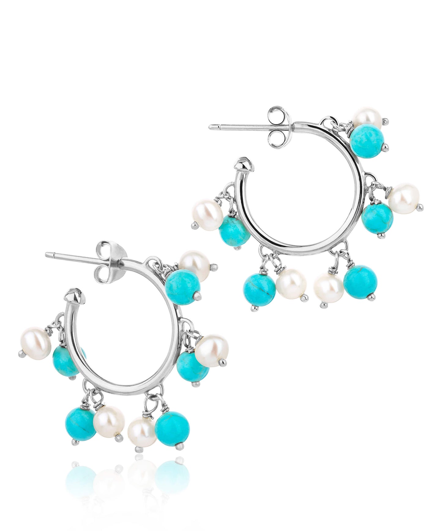 Turquoise and pearl silver hoops