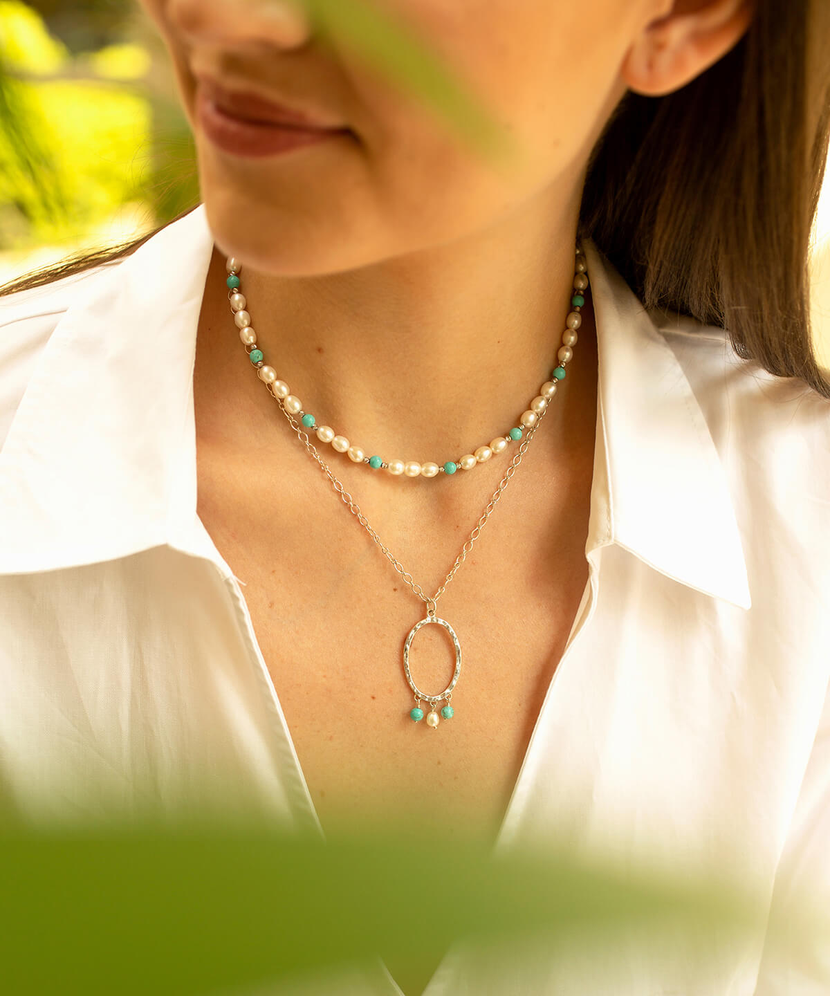 Turquoise and pearl silver oval hoop necklace