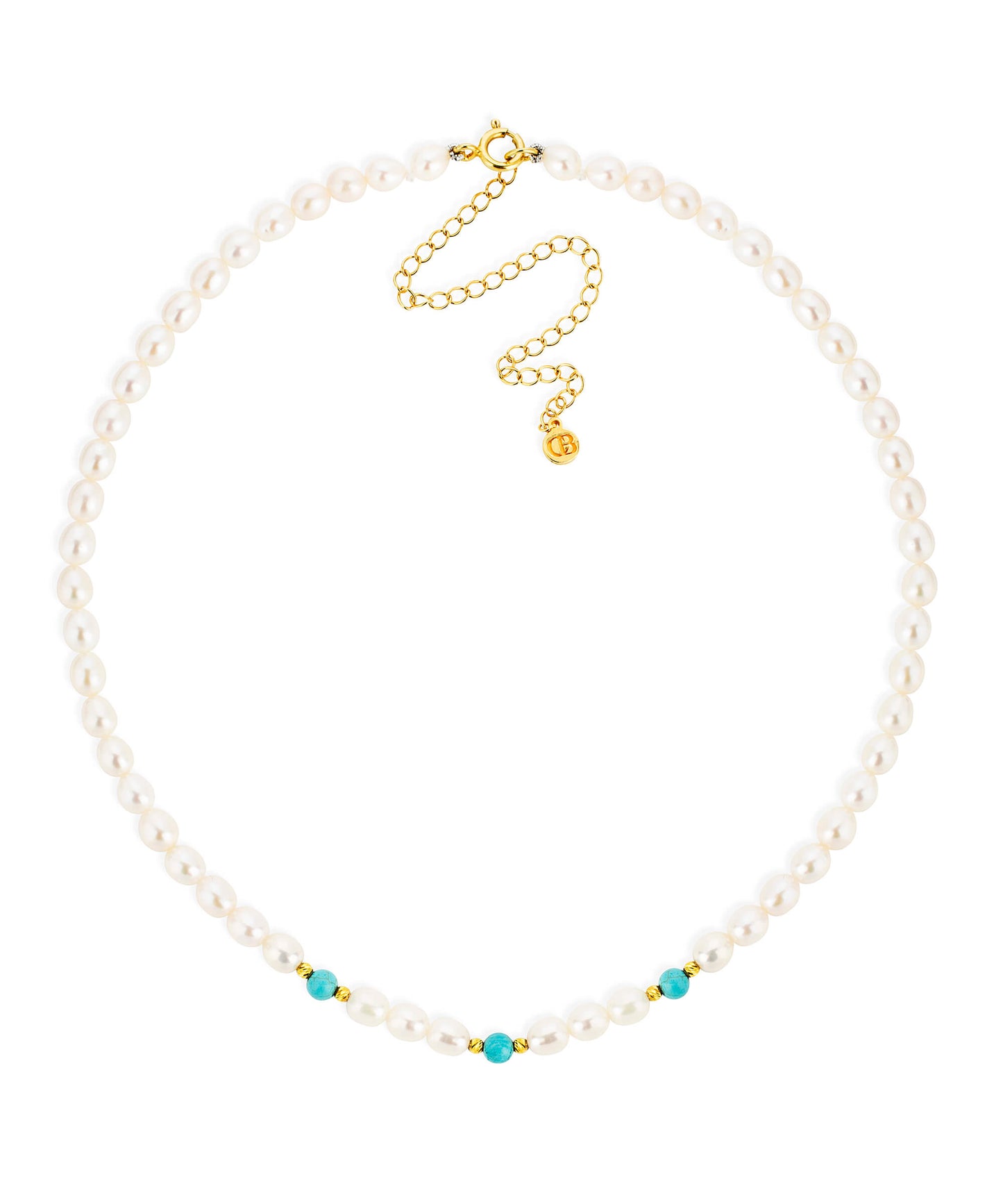 Turquoise and pearl gold bead choker, 3 beads