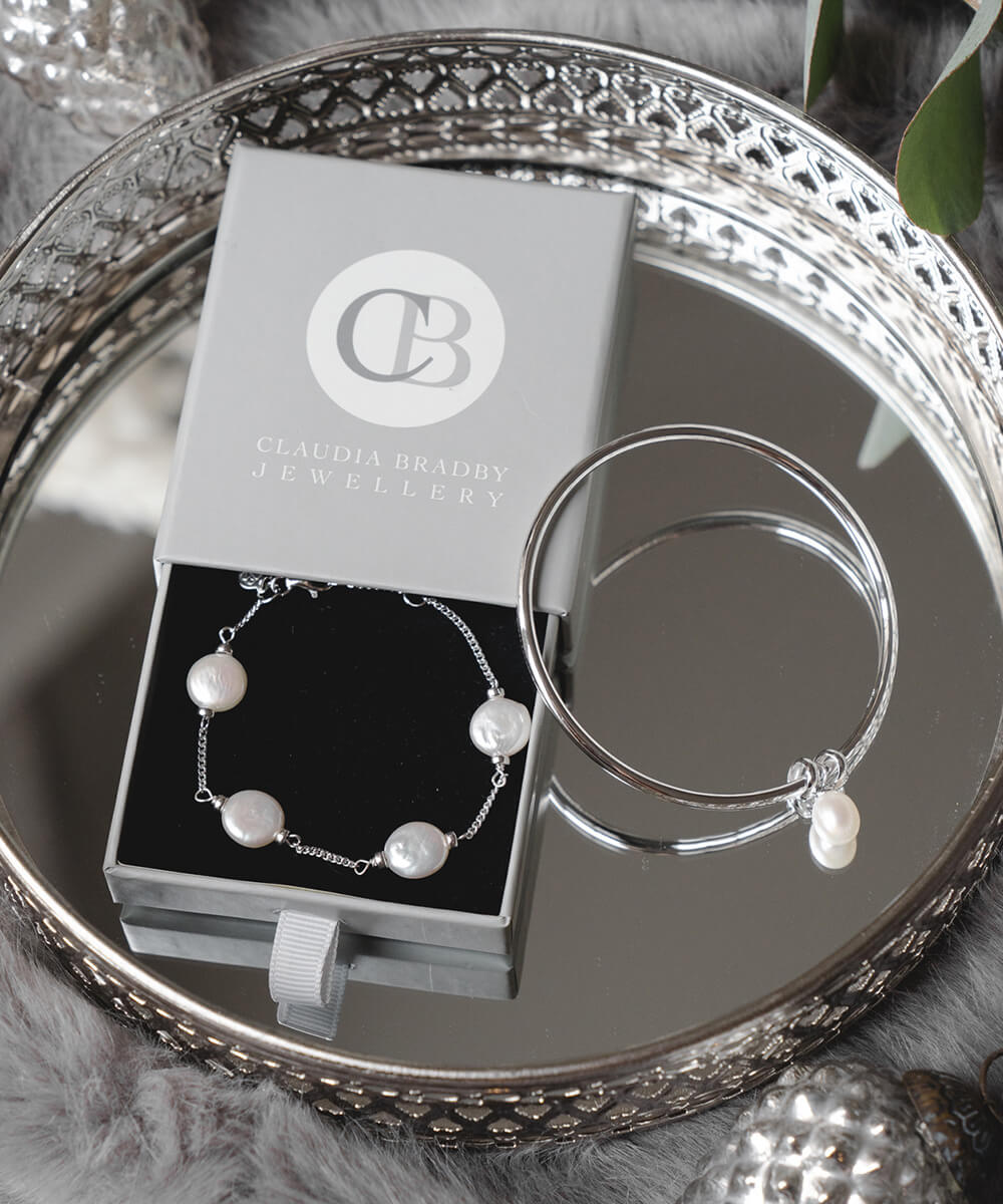 Silver and pearl bangle bracelet stack