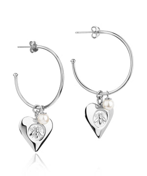 Signature heart with stamped bee silver boho hoops