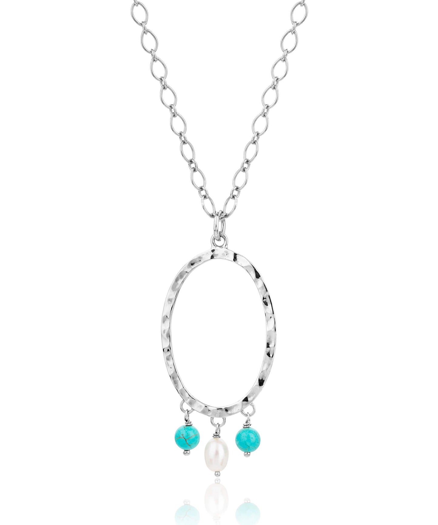 Turquoise and pearl silver oval hoop necklace