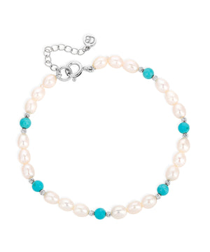 Turquoise and pearl silver bead eternity bracelet