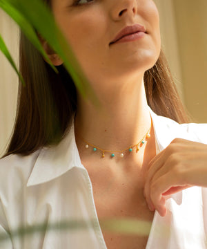 Turquoise and pearl silver fringe choker