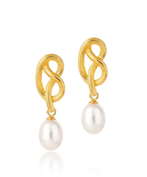 Medium love knot pearl drop earrings, gold